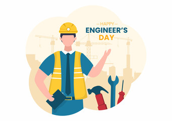 Happy Engineers Day Illustration Commemorative for Engineer with Worker, Helmet and Tools of in Flat Style Cartoon