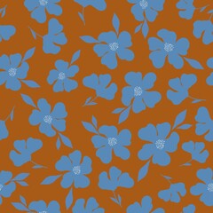 Simple vintage pattern. blue flowers and  leaves. brown  background. Fashionable print for textiles and wallpaper.