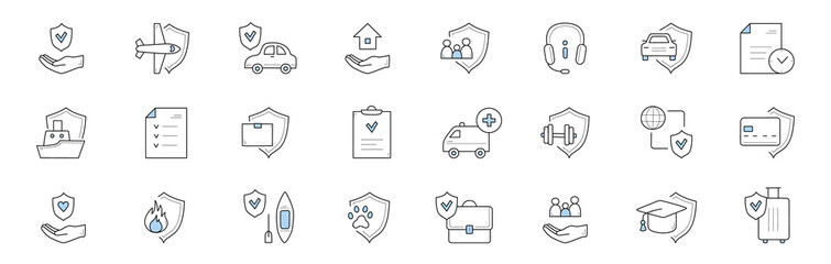 Insurance service doodle icons. Vector signs health, life and property protection. hand with shield, airplane, car, house and family protection. Operator headset, policy document, ship, ambulance