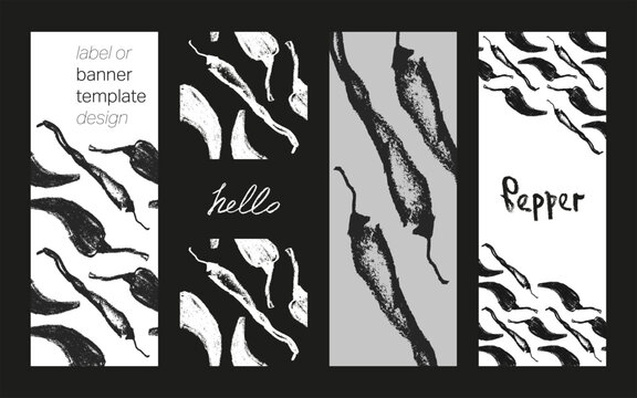 Black and white pepper pattern seamless. Hand-drawn vector illustrations of hot peppers and Jalapeno. Pepper doodles. Vegetable background. Concept of vegan food banner templates. Vegetarian backdrop.