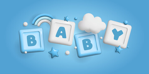 Baby shower 3d space. Banner poster on Baby shower in render style. Lettering baby. Vector illustration in 3 d style.