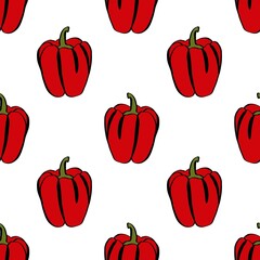 A simple doodle illustration of bright juicy sweet pepper. Sweet Bulgarian pepper. Seamless pattern.
