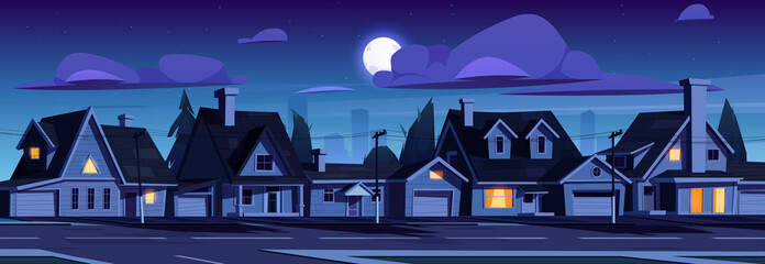 Suburb houses, night suburban street with residential cottages and city skyline, countryside two storey buildings with garages. Home facades, moon and stars in dark sky. Cartoon vector illustration © klyaksun