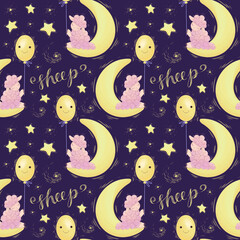 seamless pattern with cute baby pink sheep, moon, stars, hearts, starry night