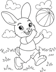 Coloring page outline of cartoon rabbit with the ball. Colorful vector illustration, summer coloring book for kids.