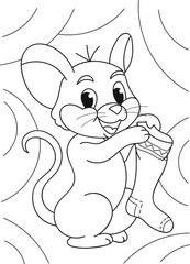 Coloring page outline of cartoon smiling cute mouse with сhristmas sock. Colorful vector illustration, winter coloring book for kids.