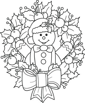 Coloring page outline of cartoon smiling cute snowman with Christmas wreath. Colorful vector illustration, winters coloring book for kids.