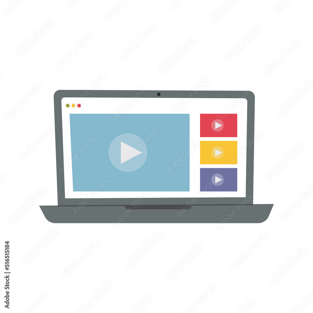 Poster Laptop with play button on screen. Video player window live streaming. Video streaming service. Vector illustration.