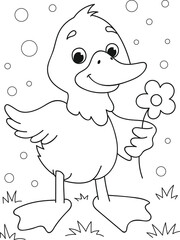 Coloring page outline of cartoon smiling cute duck with a flower. Colorful vector illustration, summer coloring book for kids.