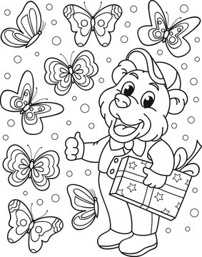 Find all pairs of butterflies. Coloring page outline of the cartoon smiling cute bear. Colorful vector illustration of educational game for preschool children, summer coloring book for kids. 
