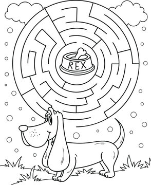 Help the dog to find his bone. Coloring page outline of the cartoon labyrinth. Colorful vector illustration of educational maze game for preschool children, summer coloring book for kids. 