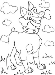 Coloring page outline of cartoon smiling cute dog with a big bone. Colorful vector illustration, summer coloring book for kids.