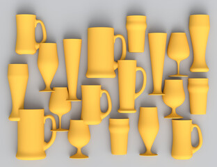 Fototapeta premium Set of yellow glasses of fresh draft beer on a grey monochrome background.