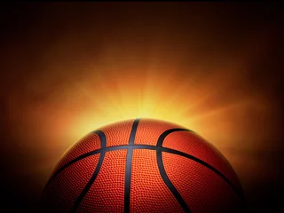 Gordijnen basketball ball. on black background with smoke, yellow orange red white colored back lights © Retouch man