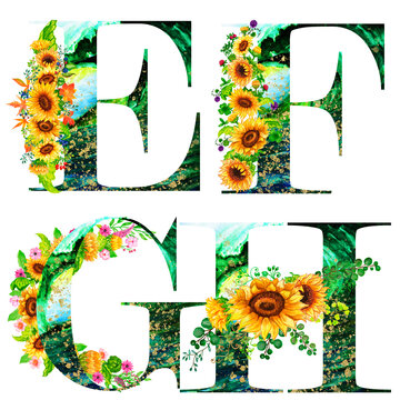 Watercolor collection of romantic green letters with hand drawn sunflowers,flowers and leaves. Alphabet English set .Suitable for poster printing, print, for design work, for cards and wedding invitat