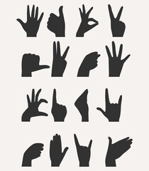 Set of hand gesture silhouettes. Graphics. Vector. On white background. Used as a pointer, sign, symbol, emblem, stencil. Can be used for printing in web design.