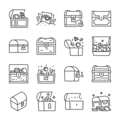 Fotobehang Treasure Chest icons set. Open chest with coins, jewels.  Find the treasure, linear icon collection. Line with editable stroke © Matsabe
