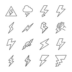 Lightning icons set. Different shapes, linear icon collection. Line with editable stroke