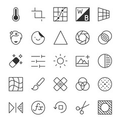 Image editing icons set. Graphic editing tools for images. Symbols for the image editor program, linear icon collection. Line with editable stroke - obrazy, fototapety, plakaty