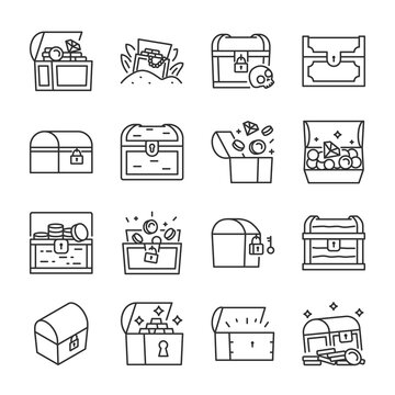 Treasure Chest icons set. Open chest with coins, jewels.  Find the treasure, linear icon collection. Line with editable stroke