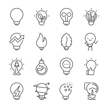 Lightbulb icons set. Different images of light bulbs, linear icon collection. Line with editable stroke