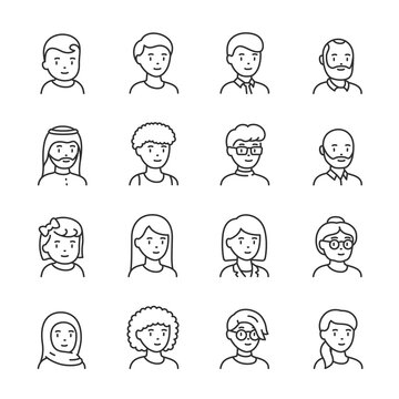 People icons set. Avatar men and women of different ages, young and old, linear icon collection. Portrait of a character with a face. Different gender and hairstyle. Line with editable stroke