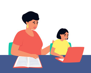 The teacher conducts an individual lesson with the student on the computer. To improve her knowledge of the subject, the girl studies with a tutor. Flat vector illustration.