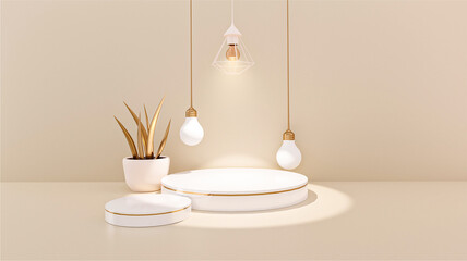 White product display podium with ceiling metal lamp, light bulb, decorative flower pot on the beige wall. Light sources, floodlight. loft concept. Shadow overlay. 3d render image