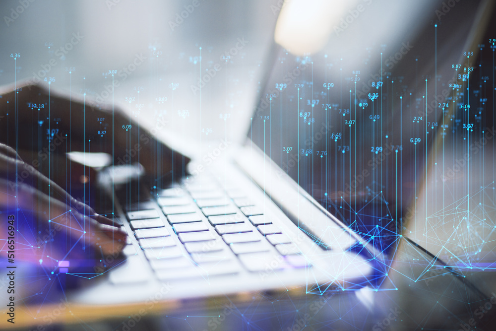 Poster close up of female hands using laptop keyboard with abstract polygonal lines on blurry background. b