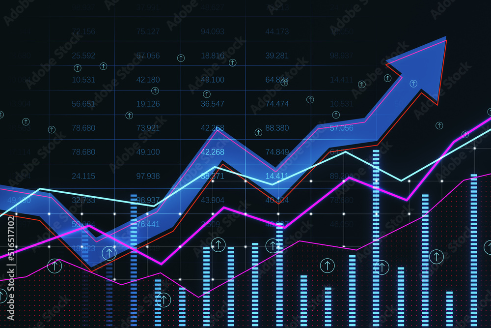 Poster abstract growing business arrow and chart on dark background with index. financial data, trade and m