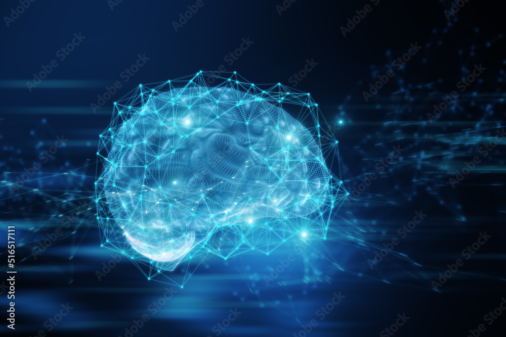 Poster Abstract blue polygonal brain hologram on blurry background. AI and machine learnign concept. 3D Rendering.