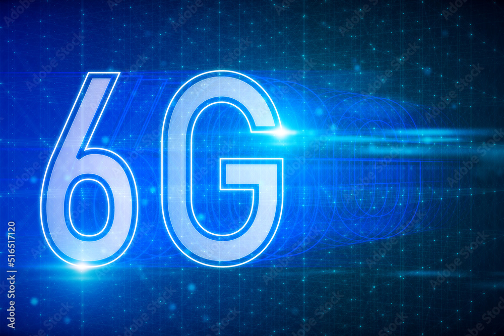 Poster creative glowing 6g hologram on blurry backdrop. internet speed, future and communication concept, 3