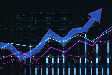 Abstract growing business arrow and chart on dark background with index. FInancial data, trade and market concept. 3D Rendering.