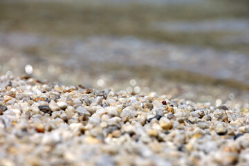 Small pebble stones on sea beach with transparent water. Background for summer vacation