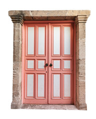 Isolated Old vintage wooden door painted in white and pink
