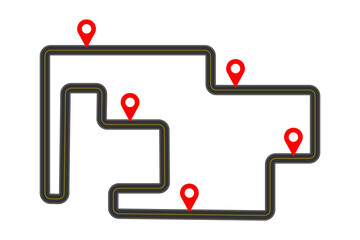 Roadmap template with red map pins signs. Delivery, journey, travel plan infographic concept isolated on white background. Vector flat illustration.