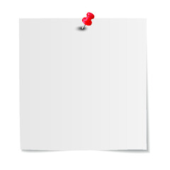 White paper note with red pushpin isolated on a white background