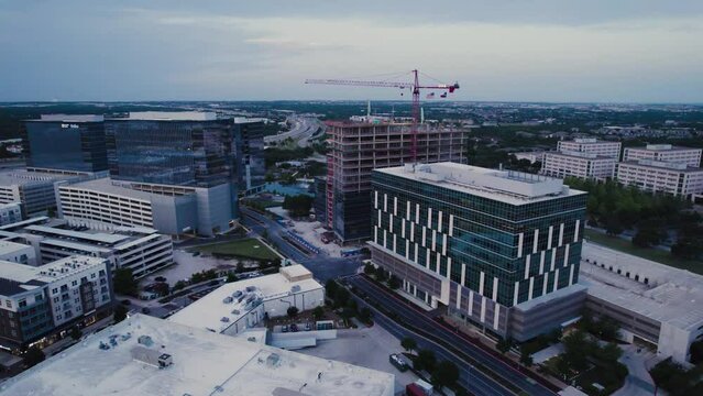 Drone at the domain in Austin tx of buildings under construction