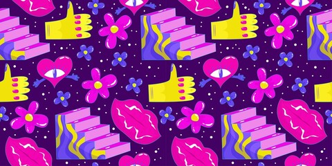 Trippy psychedelic aesthetic y2k seamless pattern. Trippy smile retro pop funny cartoon character. Smiley Happy face. Psychedelic print. Daisy flower, lips and stairs