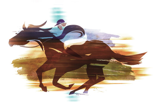 Race Horse, jockey running action. 
Eexpressive Illustration of Jockey on horse at Full Speed. Imitation of watercolor painting. 
