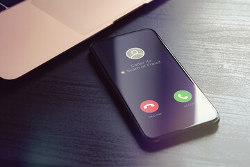 Scam fishing phone call from unknown number that was identified by a security anti-scam app as alert and fraudulent. Block Scam and Unwanted Calls concept - obrazy, fototapety, plakaty