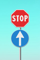 Contradiction concept with stop and arrow traffic signs - concept image