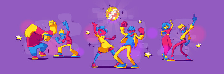People dance and have fun on disco party. Vector set illustration in contemporary cartoon style with funny male and female characters, happy persons celebrating holiday together and dancing in club