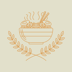 simple line art logo of wreath leaves with ramen bowl