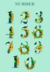 A watercolor collection of romantic green numbers with hand drawn sunflowers,flowers and leaves .Suitable for poster printing, print, for design work, for cards and wedding invitations.
