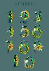 A watercolor collection of romantic green numbers with hand drawn sunflowers,flowers and leaves .Suitable for poster printing, print, for design work, for cards and wedding invitations.

