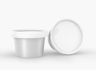 White food container, bucket for ice cream, yogurt, dairy dessert side and top view. Realistic mockup of blank plastic or paper cup with closed lid for package design isolated on background, 3d render