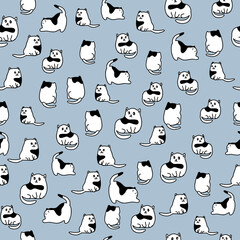 vector cute cat blue  vintage seamless pattern funny face white  black contour illustration for paper wallpaper cloth
