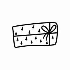 Single hand drawn New Year and Christmas gift box. Doodle vector illustration for greeting cards, posters, stickers and seasonal design. Isolated on white background.