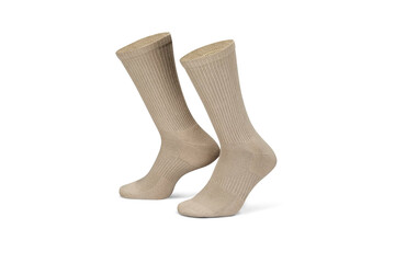 Pair of beige cotton socks isolated on white. Set of short socks for sports as mock up and label for advertising, logo, branding.